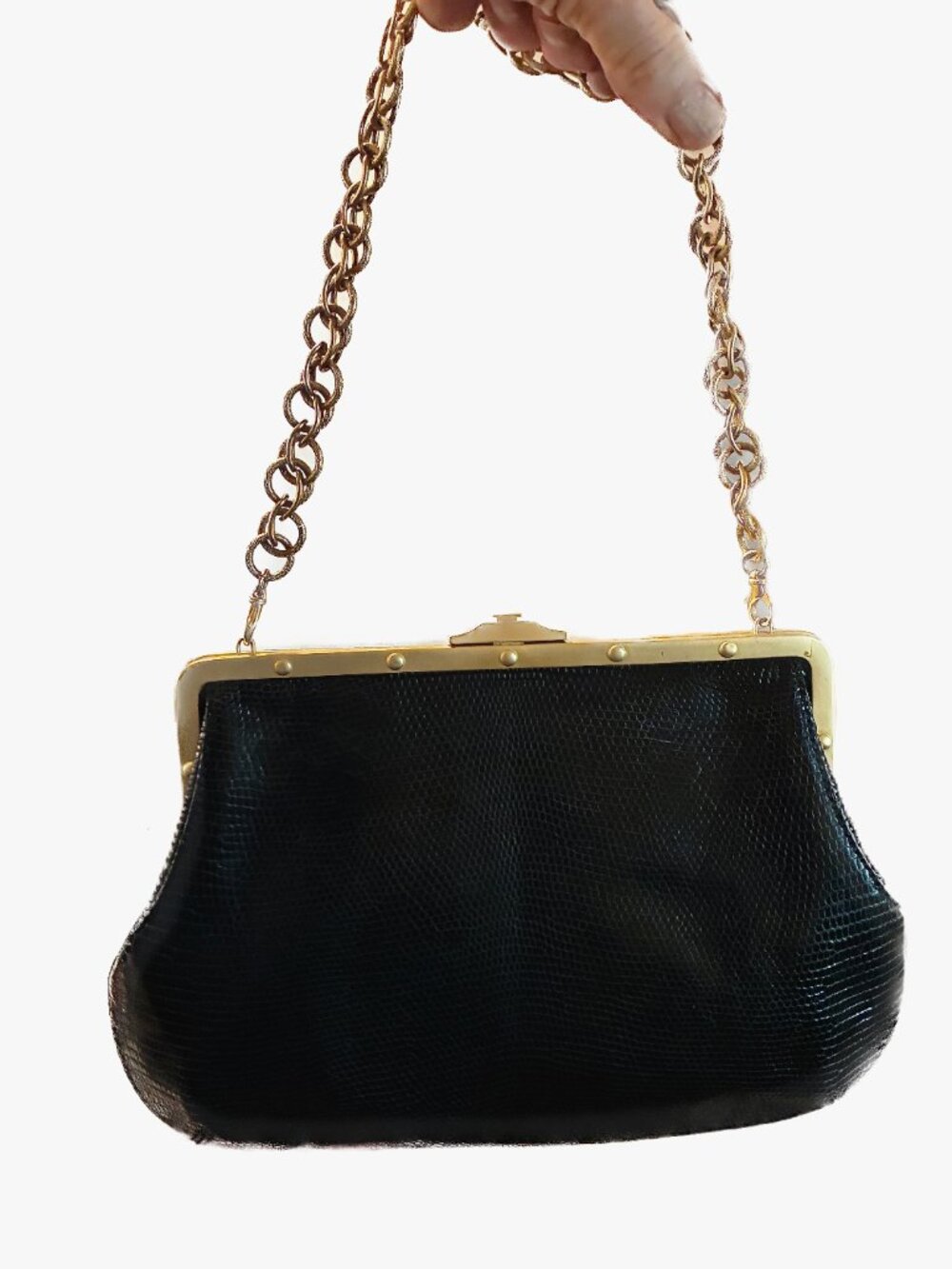 Vintage Suarez New York Black Genuine Lizard Skin Convertible Frame Bag / Clutch